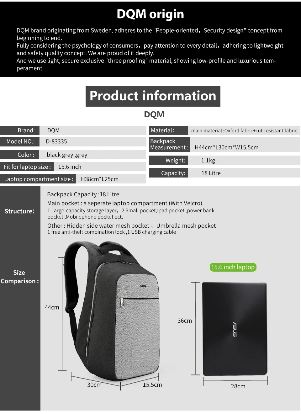 DQM Высокое качество устойчивый к порезам 15,6 USB Мужской рюкзак для ноутбука Бизнес Модный Противоугонный водонепроницаемый мужской рюкзак для отдыха