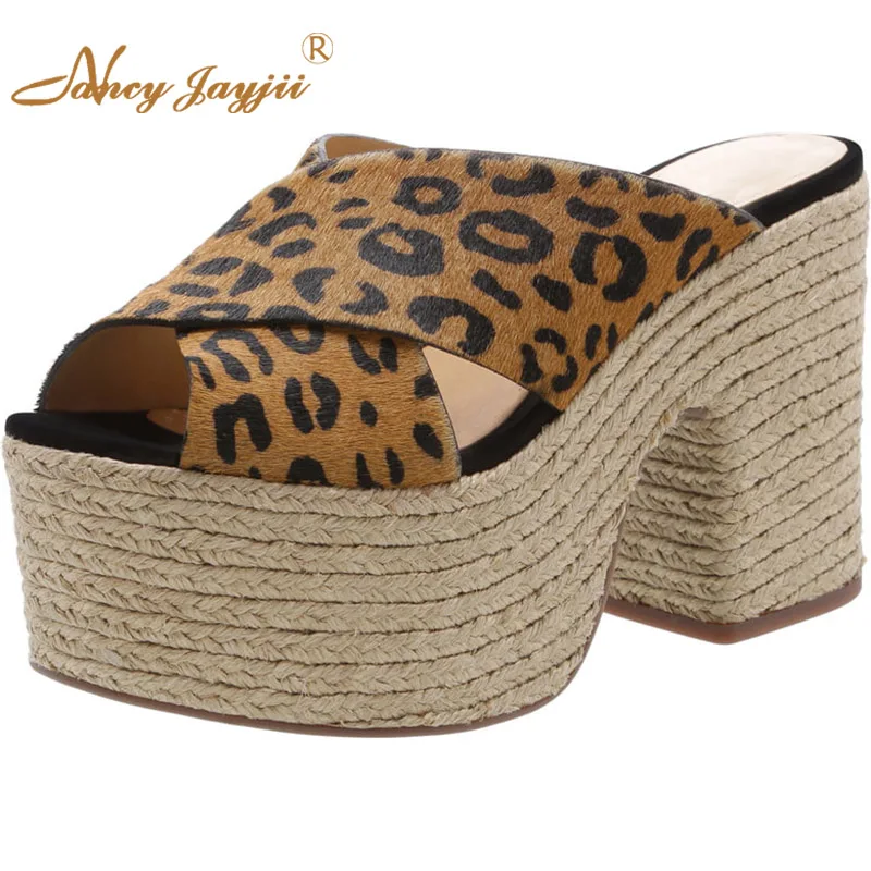 

Соломенные Espadrilles/коричневые леопардовые сандалии на платформе и высоком каблуке-столбике; Женская обувь; Большие размеры 11, 12 для зрелых же...