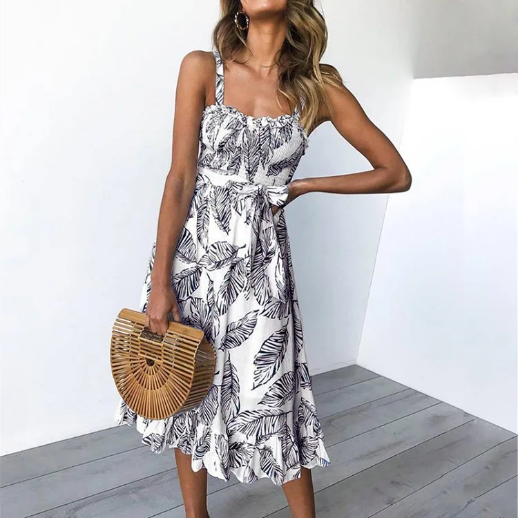 Floral Black VIEUNSTA, женский пляжный сарафан с открытыми плечами и рюшами,, туника с цветочным принтом, без рукавов, а-силуэт, летнее платье с поясом, миди, вечерние платья - Цвет: Floral Black