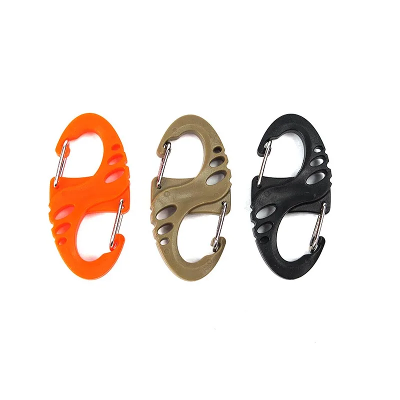 

Hot Sale Portable 5 pcs/set Plastic Steel S Type Carabiner Dual Buckle Keychain with Hook Outdoor Sports Camping Tools