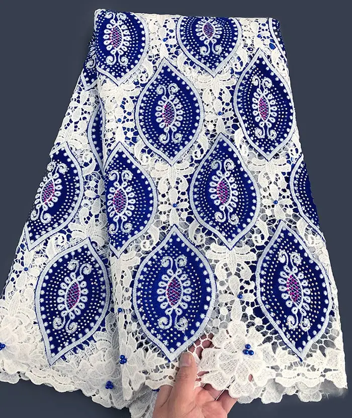 royal blue offwhite 5 ярдов бархатное кружево аккуратная вышивка африканский гипюр шнур кружевная ткань с большим количеством камней очень сильный не отваливается - Цвет: royal blue offwhite