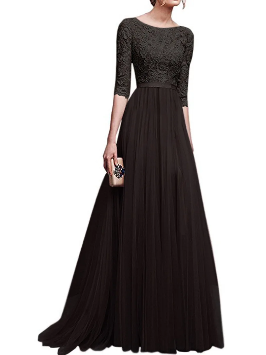 2020 Autumn Long Maxi Formal Lace Party Dress Women Elegant Plus Size Slash-Neck Half-Sleeve Bridesmaid Prom Lady Dresses | Женская