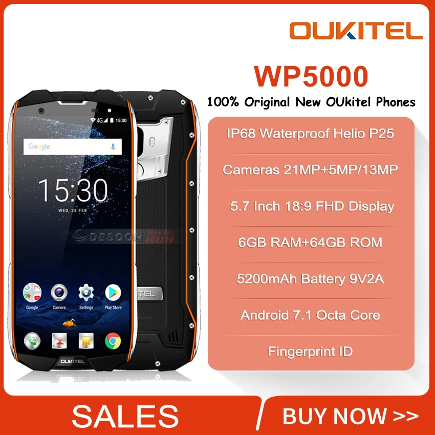 Oukitel WP5000 водонепроницаемый IP68 мобильный телефон 5," 16 МП MTK6763 Восьмиядерный 6 ГБ+ 64 ГБ 5200 мАч отпечаток пальца ID 4G смартфон