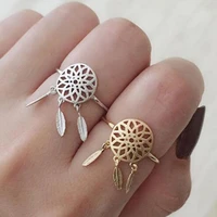 gold color hollow metal dreamcatcher rings women dream catcher feather charm finger ring jewelry gifts