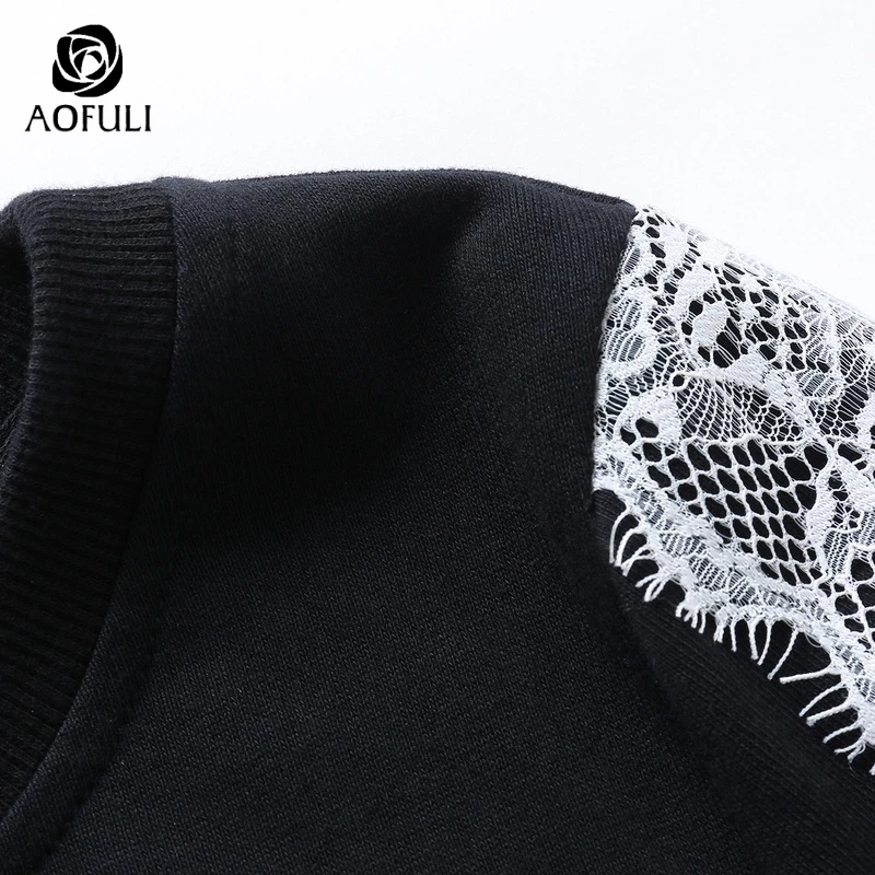 4XL/5XL Lace Patchwork Women Cotton T-shirt Autumn Winter Long Sleeve Sweatshirt Plus Size Lady Tops Black AOFULI A3733 | Женская одежда