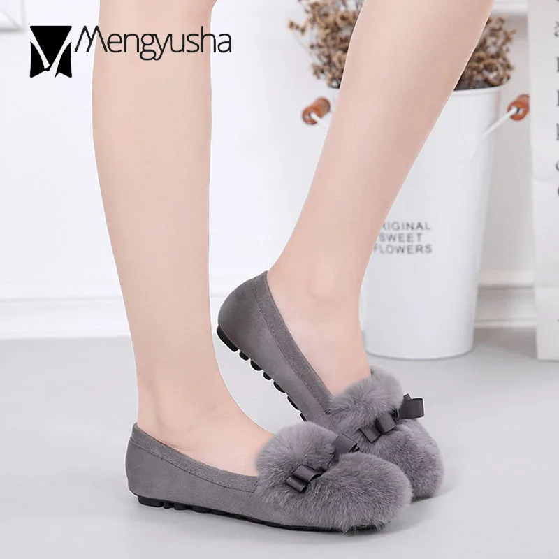 2020 новый дизайнер Меховые ботинки на плоской подошве С лентами балетки с бантами