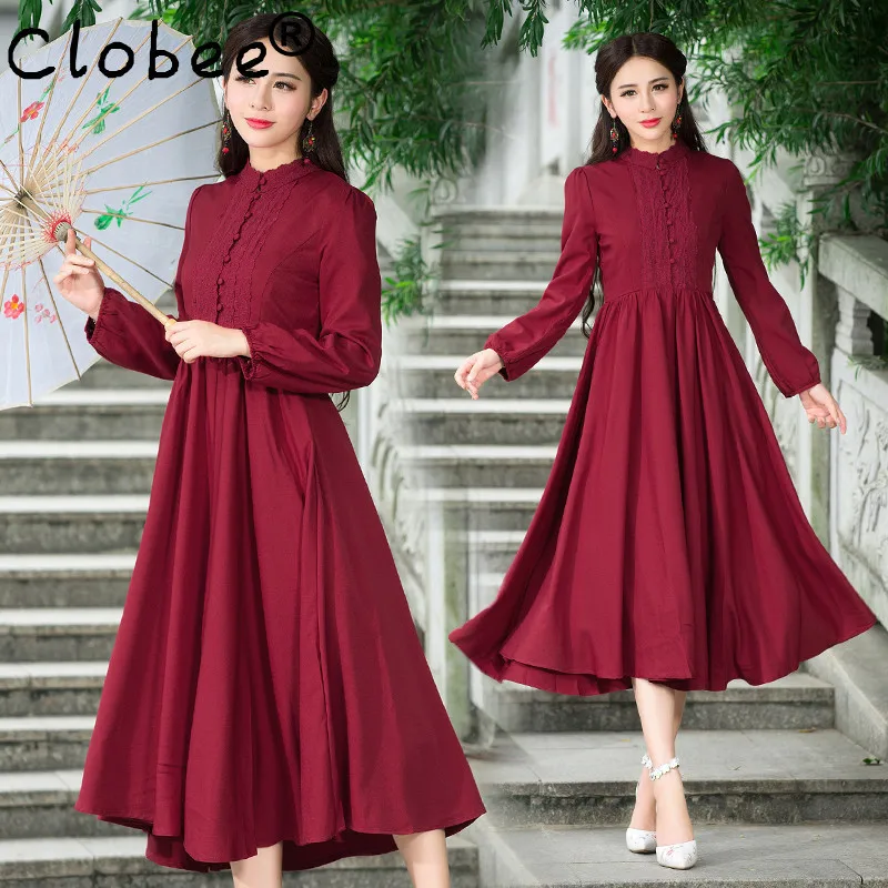 Vestido de festa 2019 женское осеннее рождественское винтажное Брендовое темно Красное