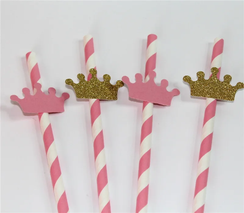 Соломинки розовые и золотые с коронами для вечерние ринки принцессы