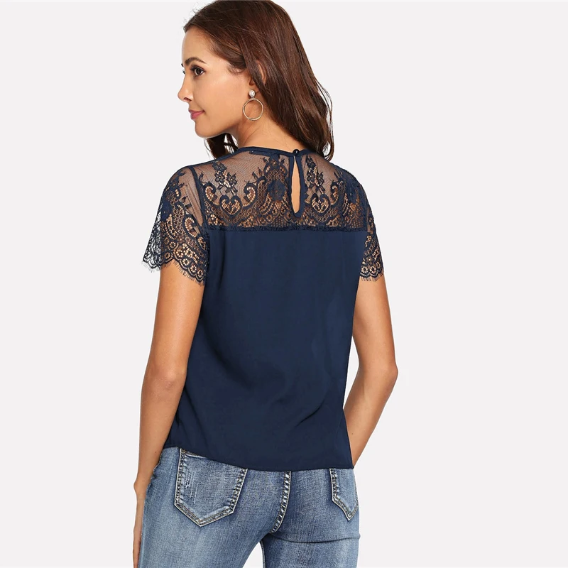 SHEIN Блузка С Кружевным Рукавом И Бантом Стильная Блузка С Кружевной Отделкой
