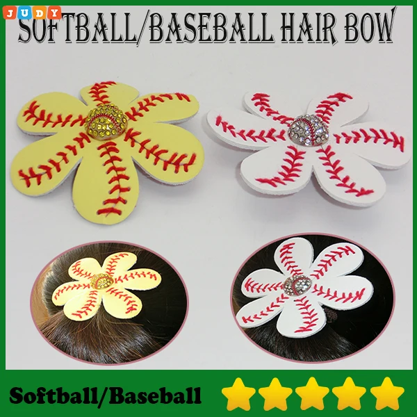 New Arrival Softball Flower clips Leather Seamed Bows With Rhinestone Clip Pin Baseball | Спорт и развлечения