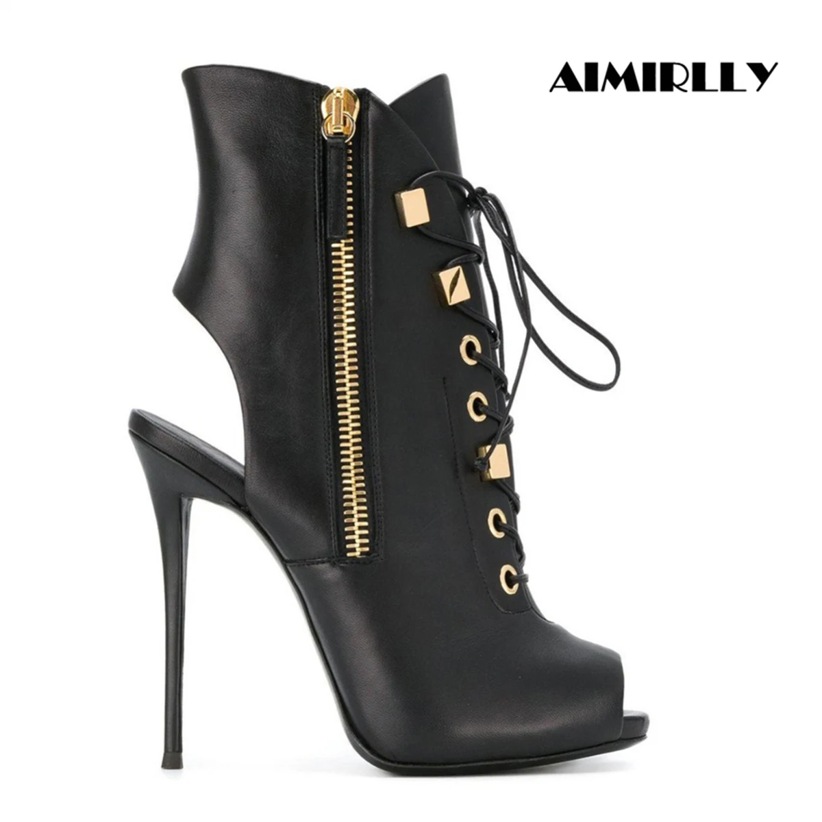 

Women's Ankle Boots Peep Toe High Heels Shoes Lace Up Side Zipper Slingback Ladies Autumn Spring Booties Black
