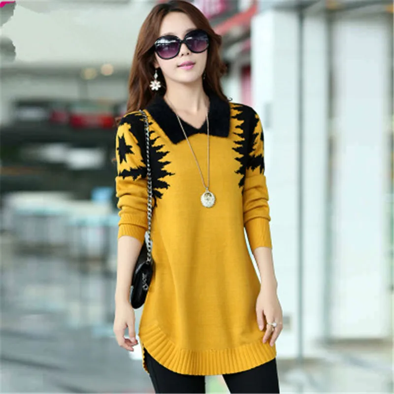 Turn-down collar sweater dress women plus size pullover medium-long print basic slim ropa mujer wool cashmere | Женская одежда