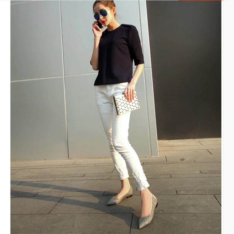 2016 г. весна лето осень стильная обувь на плоской подошве с острым носком размер 42