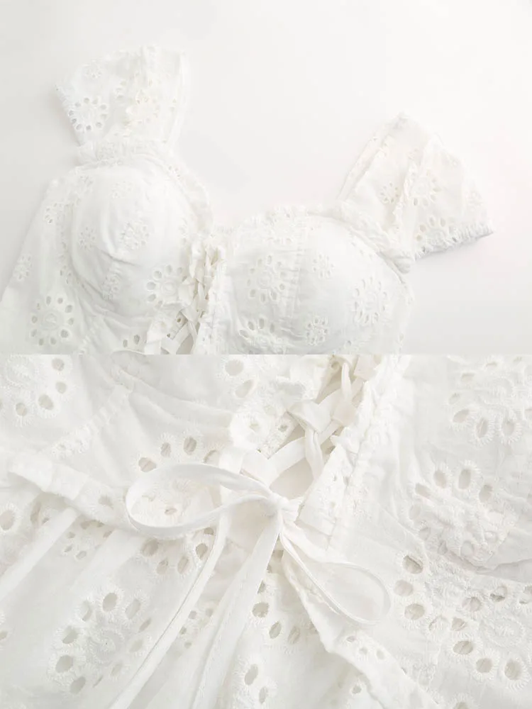 

yinlinhe White Lace Blouse Women Backless Lace Up Sexy Shirt Female Short Sleeve Hollow Out V neck Crop Ladies Tops Summer 1042