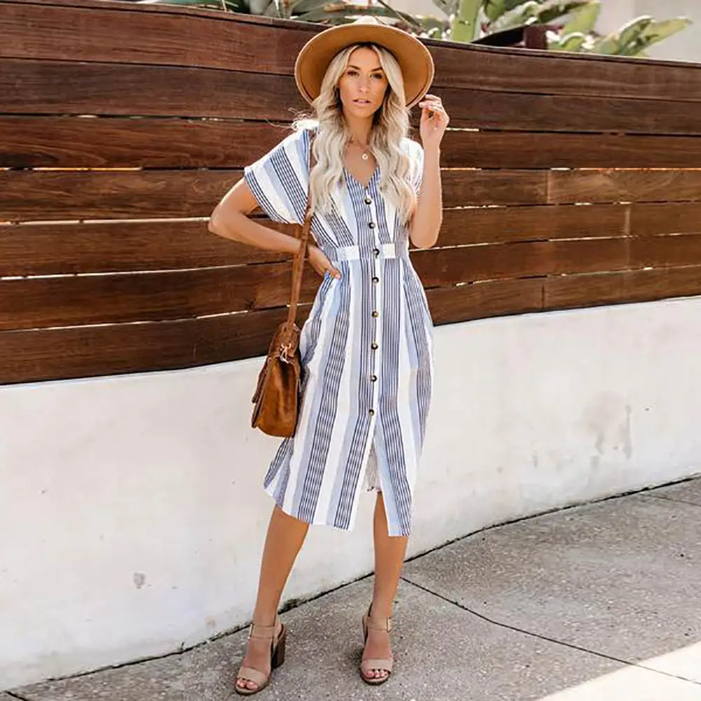 WildPinky 2020 Women Fashion Batwing Sleeve Striped Dresses Female Button Casual Evening Party Dress Ladies Loose Summer | Женская