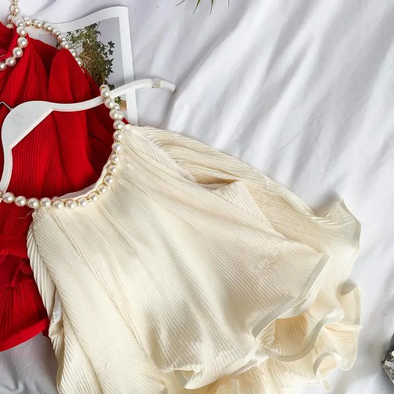 ALPHALMODA летние женские Милые шифоновые блузки с бусинами, жемчужное ожерелье, двухслойный шифоновый жилет с краями в форме листа лотоса