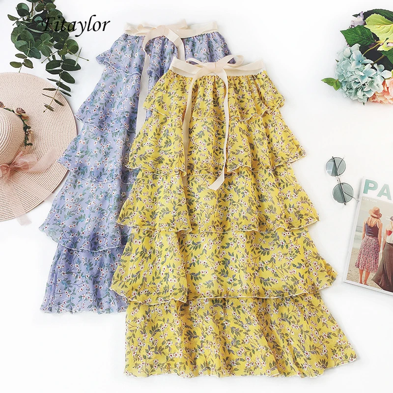 Fitaylor летние винтажные юбки с цветочным рисунком Женская многослойная шифоновая