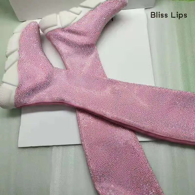 pink Новые длинные гольфы для Стразы кроссовки bling Стразы обувь на каждый день; женская вязаная Носки Сапоги выше колена, тонкий Стразы women34-48 - Цвет: pink