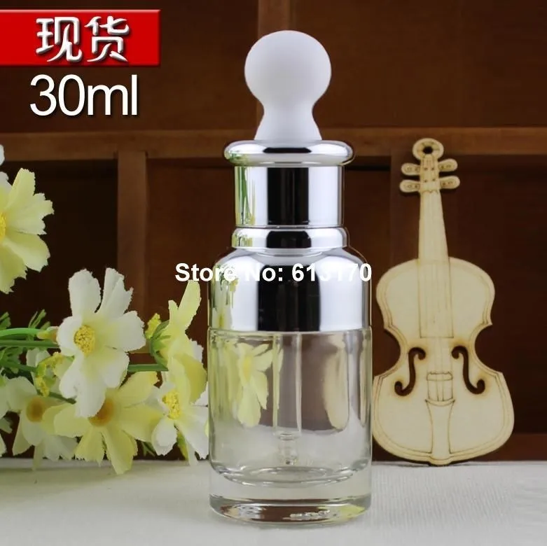 30ML Pipette Dropper bottle 1OZ Empty Glass Bottle Clear Essential Oil vials Silver collar White Rubber Cosmetic Container | Красота и