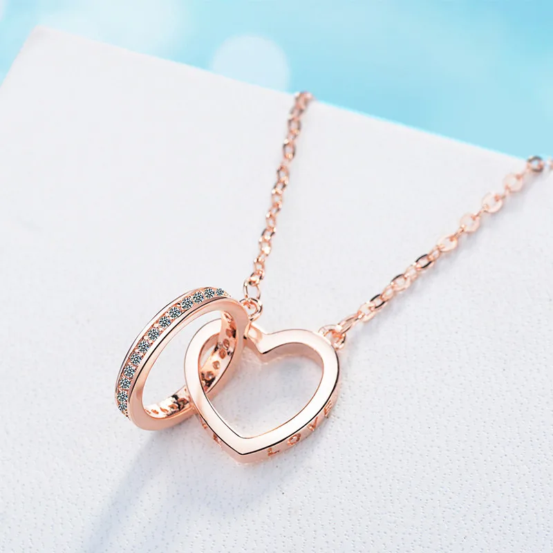 Rose 925 стерлингового серебра двойной круг любовь, сердце, кубический циркон циркония ожерелья и подвески для женщин подарок колье ожерелье S-N59 - Цвет камня: Rose