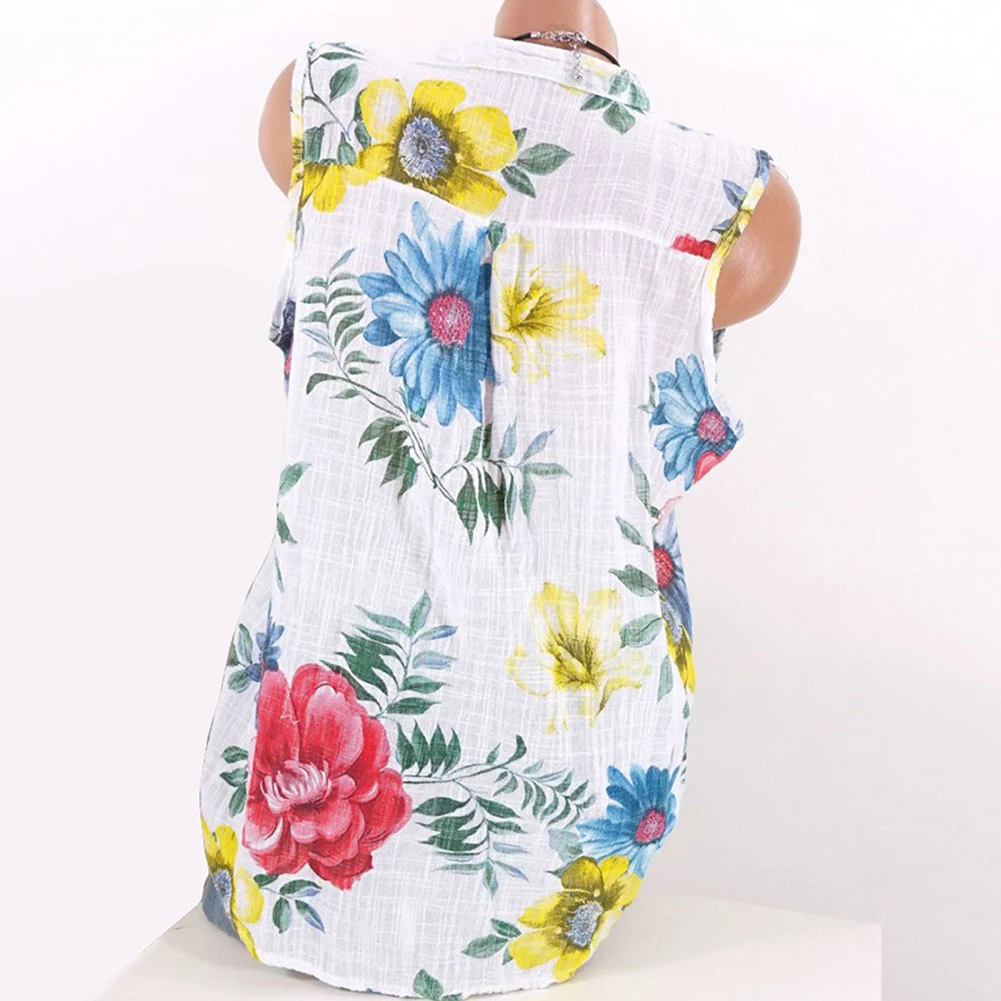 Fashion Summer Plus Size Flower Leaves Print Women Stand Collar Sleeveless Tank Top Vest | Женская одежда