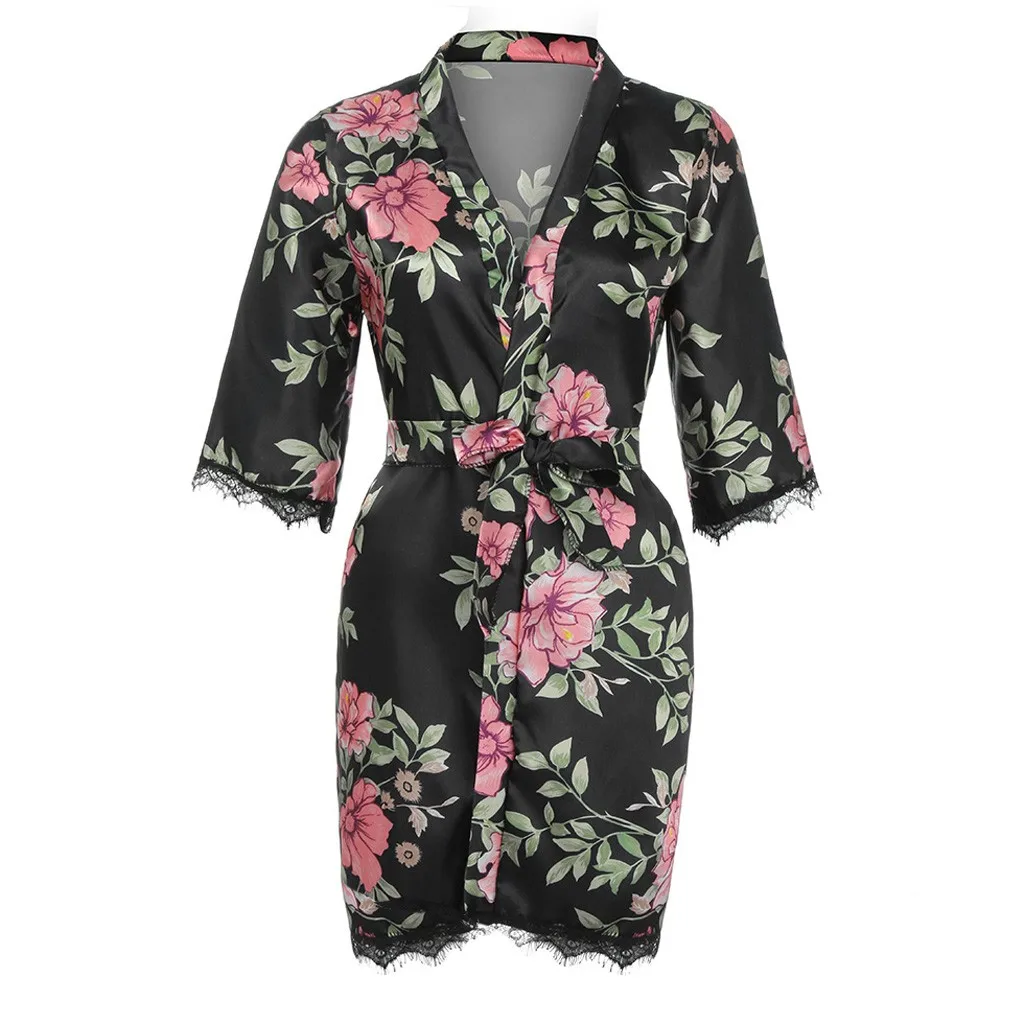 Женское Белье для сна шелковое атласное кружевное ночное белье с принтом банный