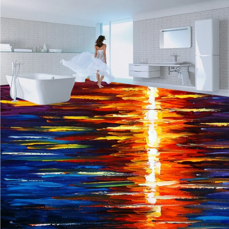 Free Shipping HD Colorful abstract sunset oil painting 3D floor waterproof non-slip bedroom kitchen bathroom wallpaper mural |