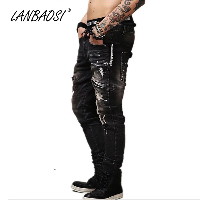 Джинсы LANBAOSI мужские рваные джинсы повседневные черные джинсовые брюки для