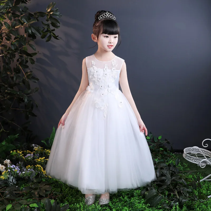 

Elegant Summer White Flower Girl Performance Show Party Dresses Kids Teenagers Pageant Wedding Birthday Princess Prom Sundress