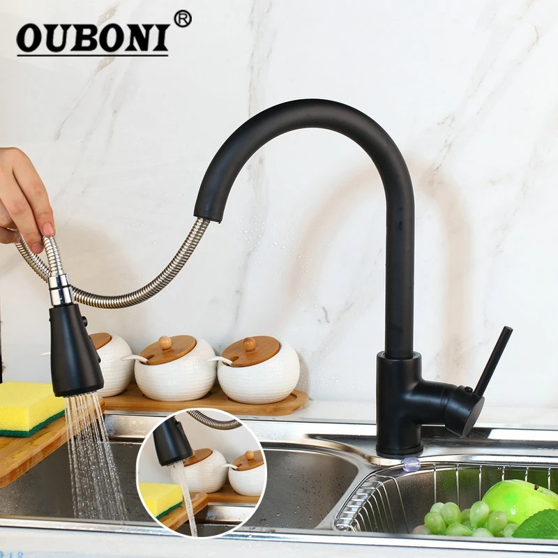 OUBONI черный хром Поворотный кухонный кран Смеситель выдвижной спрей латунная