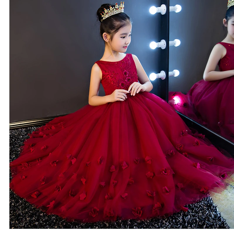 High Quality Wine Girls Piano Performance Dress Newest Design Girl Clothes Party Prom Sleeveless Kids Dresses For P65 | Детская одежда