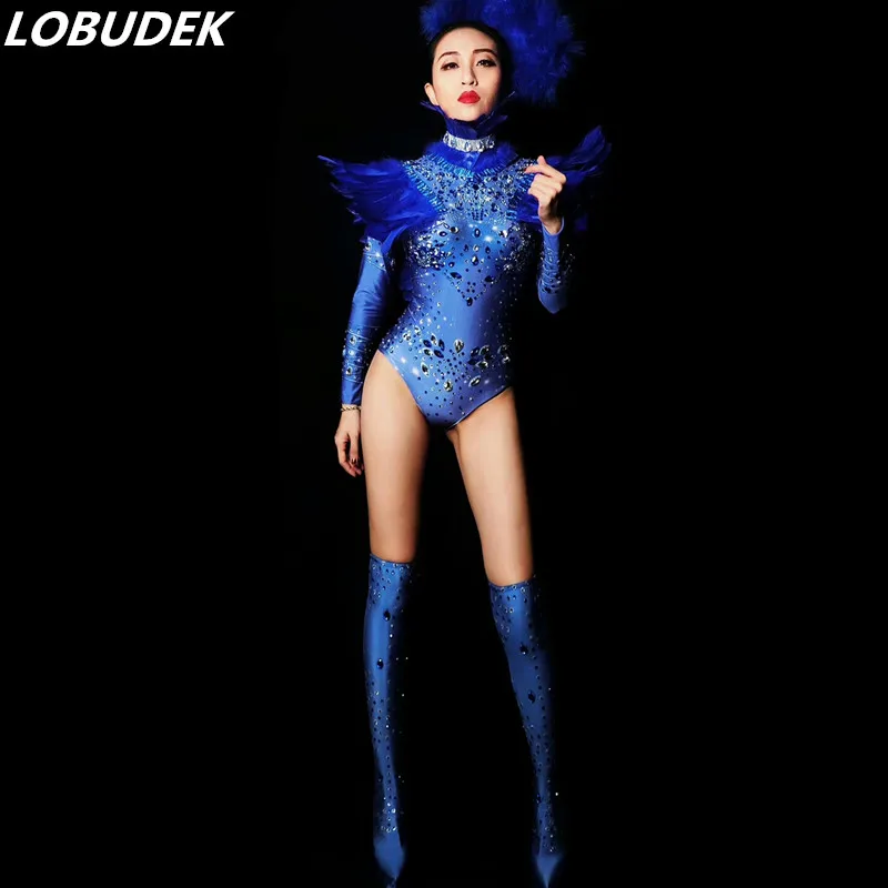 

Shining blue Feather Crystals Bodysuit Bar nightclub DJ singer Stage female costumes Sexy party Dance performance dance catsuit