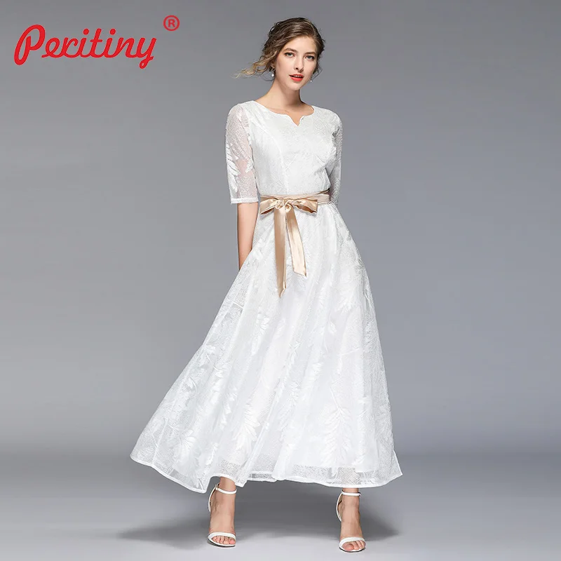 Peritiny 2019 Летнее Длинное платье белое кружевное Мягкое с коротким рукавом и