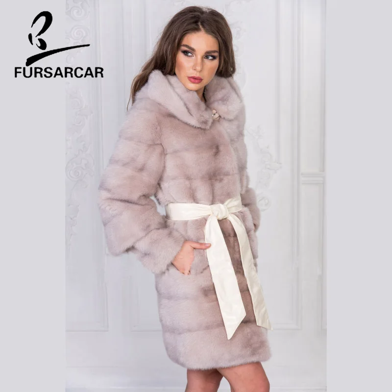 Женское пальто с натуральным мехом норки FURSARCAR однотонное плотное средней длины