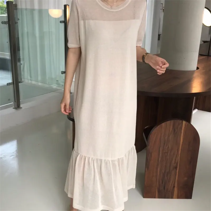 HziriP Loose Trumpet Korea 2019 Summer Elegant Chic Fresh Slender Casual Mermaid Thin Short Sleeves Women Free Beige Dresses | Женская