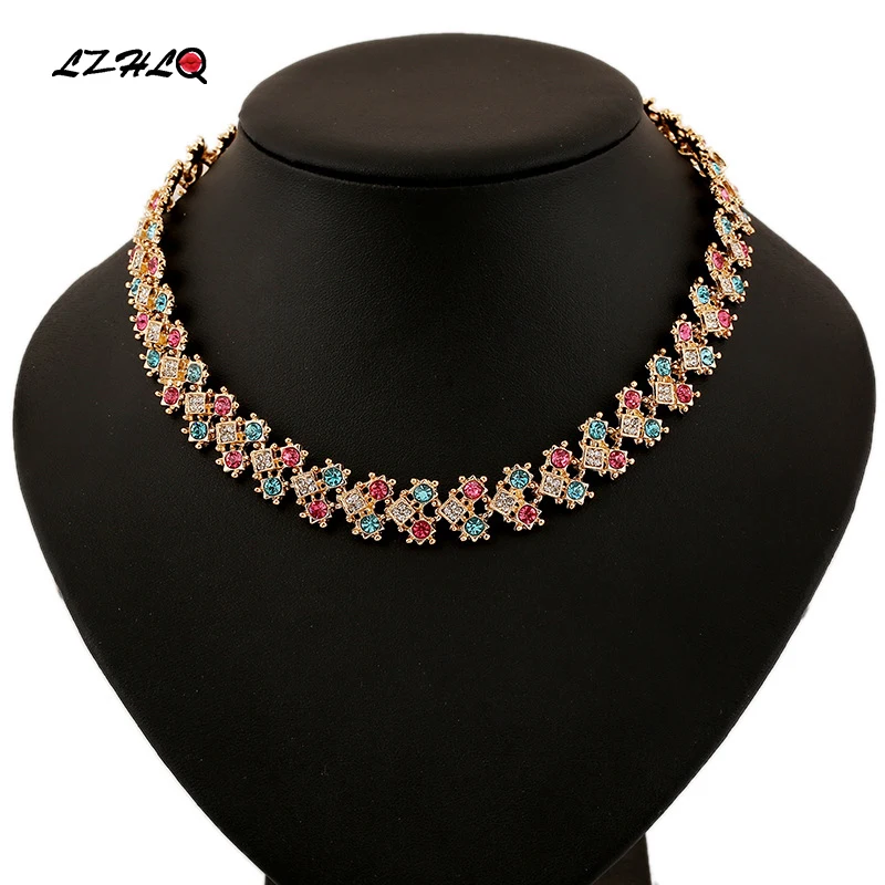 Женское колье чокер LZHLQ винтажные цветные стразы на металлической цепочке