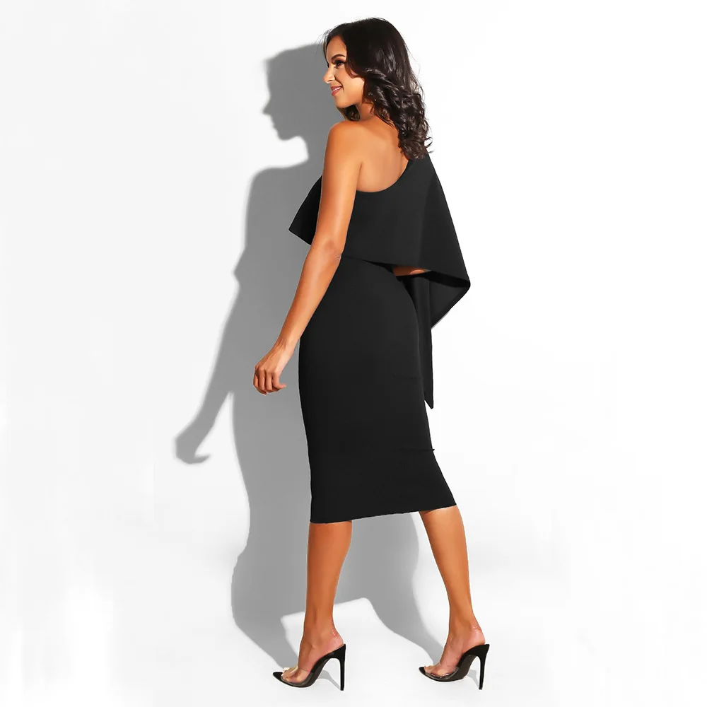 

Elegant Irregular Sleeve Black Dress Women Vintage Off One Shoulder Midi Bodycon Women Dress Sexy Shinny Party Dresses Vestidos