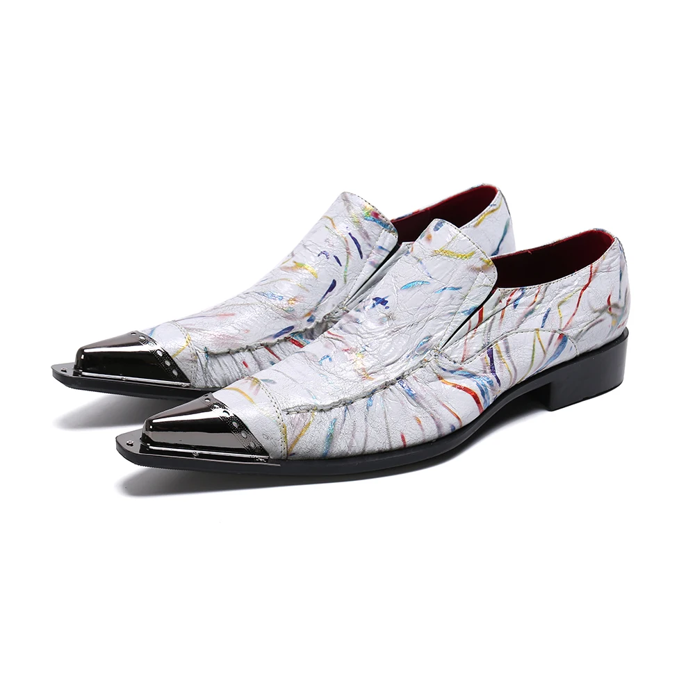 

Italian Style Luxury White Printed Men Shoe Genuine Leather Pointed Toe Mens Formal Dress Shoes Business Party Wedding Oxfords