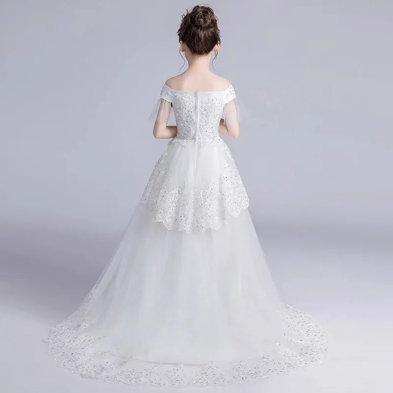 

Baby Kids Luxury Solid White Bridesmaid Flowers Wedding Tailed Tulle Fluffy Prom Dress Girls Birthday Evening Party Lace Dress
