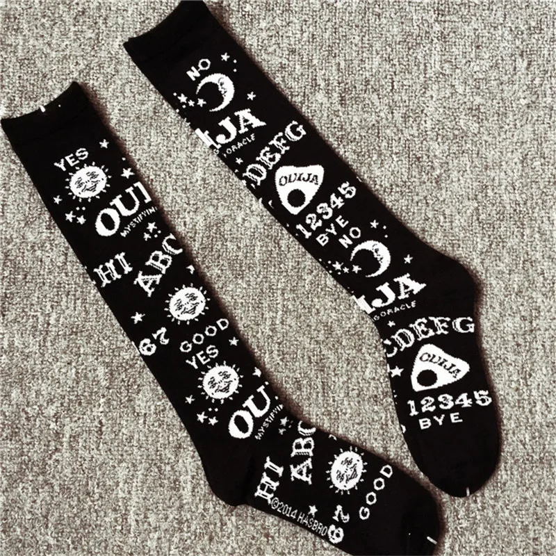 Free Shipping Thigh High Long Socks Women Ladies Black Color Over The Knee Fashion Letter Pattern Ouija Board  Rainbow Japanese