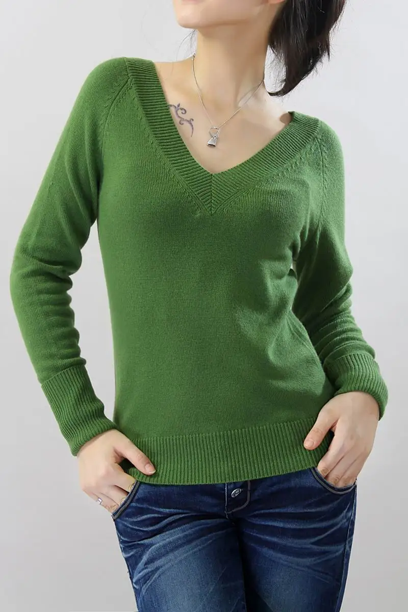 Чистый кашемировый свитер для женщин с глубоким v-образным вырезом пуловер из