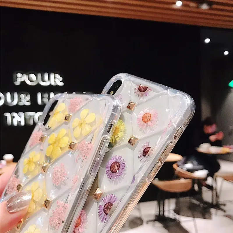 Luxury Lattice Transparent 3D Rivets Cute Real Dried Flowers Soft Silicone Phone Case for iPhone X XR XS MAX 7 8 6 6S Plus Cover |