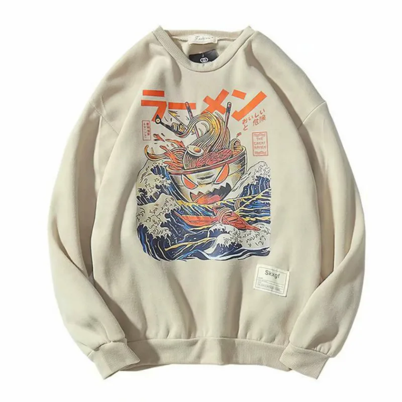 Японские забавные флисовые толстовки с капюшоном волнистым принтом Мужская