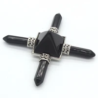 trendy beads silver plated square pyramid with 4 hexagon column energy transmitter black obsidian pendant