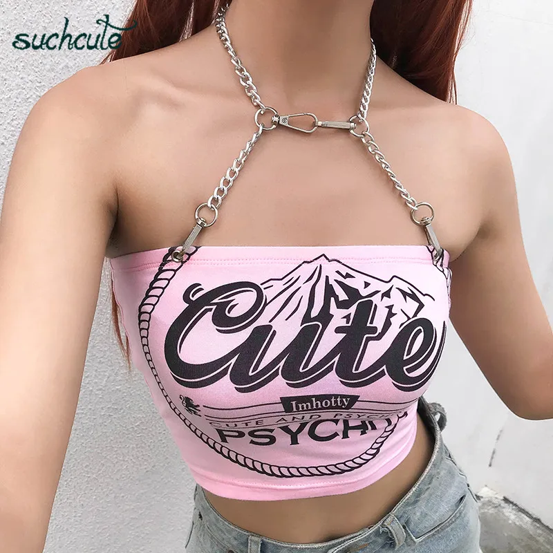 SUCHCUTE женская футболка с принтом в виде металлической цепью топы лямкой на шее для