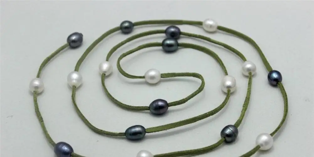 Зеленый Кожаный длинное ожерелье Пресноводный жемчуг &quotРучной Работы&quot Нет