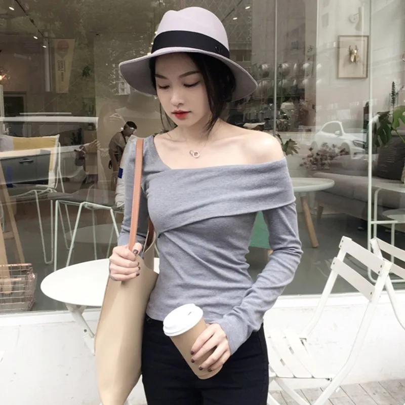 gray t-shirt TWOTWINSTYLE женские футболки с открытыми плечами тонкий длинный рукав, асимметричный женский топ, корейская мода, футболка, одежда, осень, новинка - Цвет: gray t-shirt
