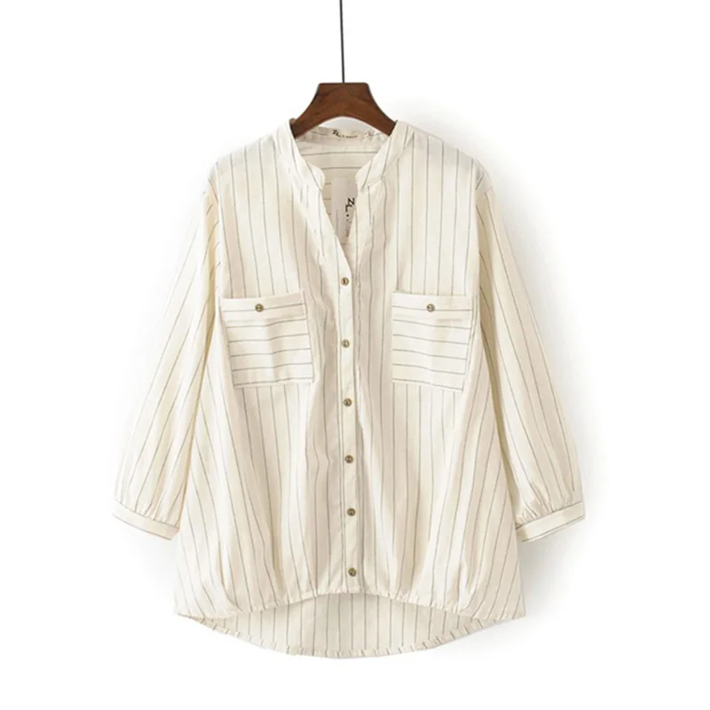 

2019 Large Size Fashion Women's Summer New Stripe Shirt Increase Cotton Puff Short Sleeve Long Section Ladies Casual Blouses