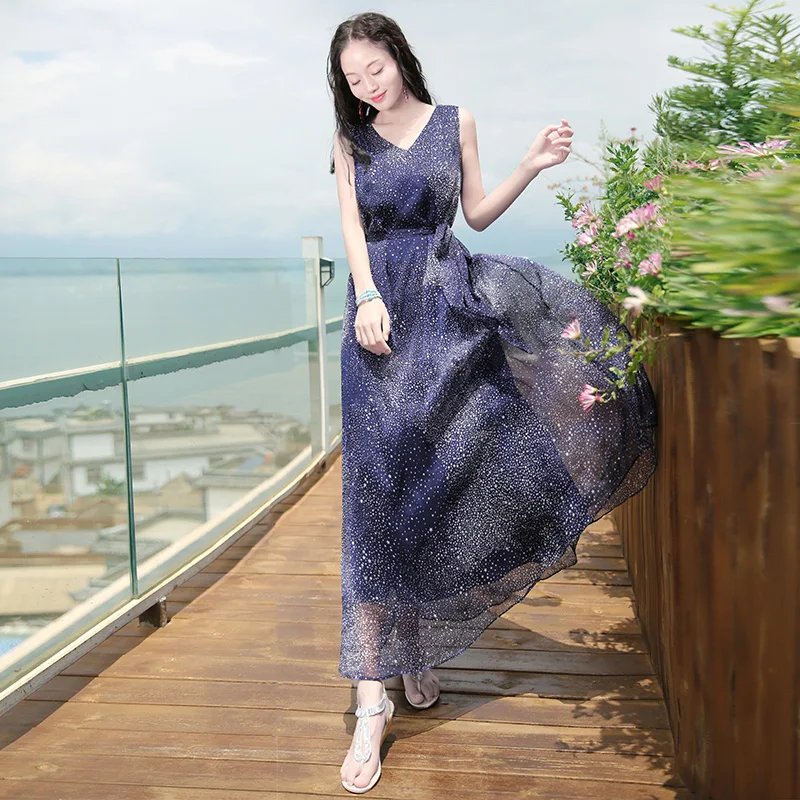 Женское шифоновое платье без рукавов повседневное длинное с высокой талией и