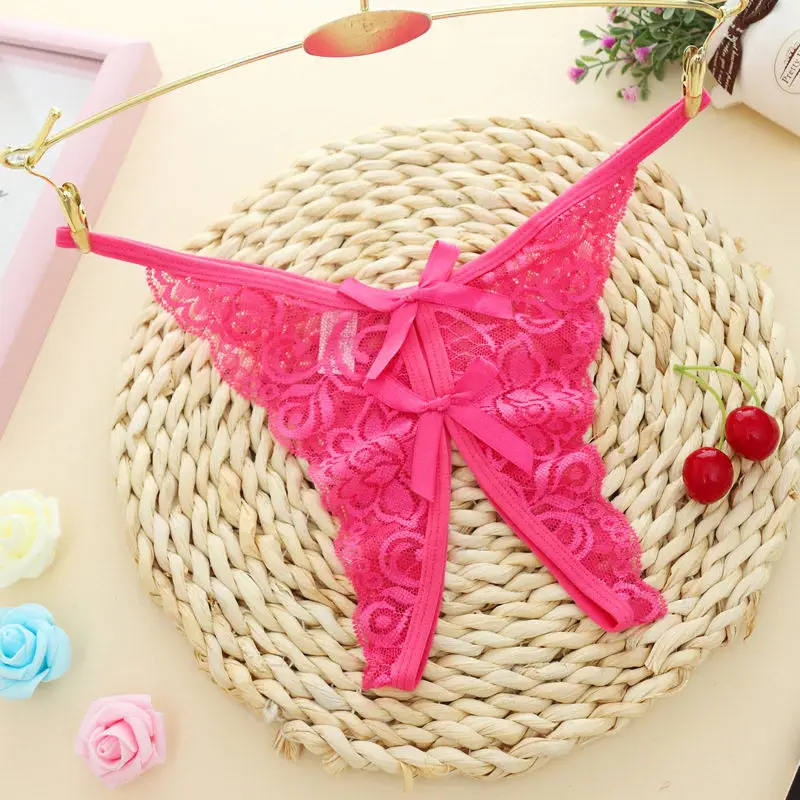 Rose Red Женские сексуальные трусики с открытой промежностью Цветочные кружевные прозрачные трусы стринги с бантом G-strings пикантное женское нижнее белье имитация нижнего белья - Цвет: Rose Red